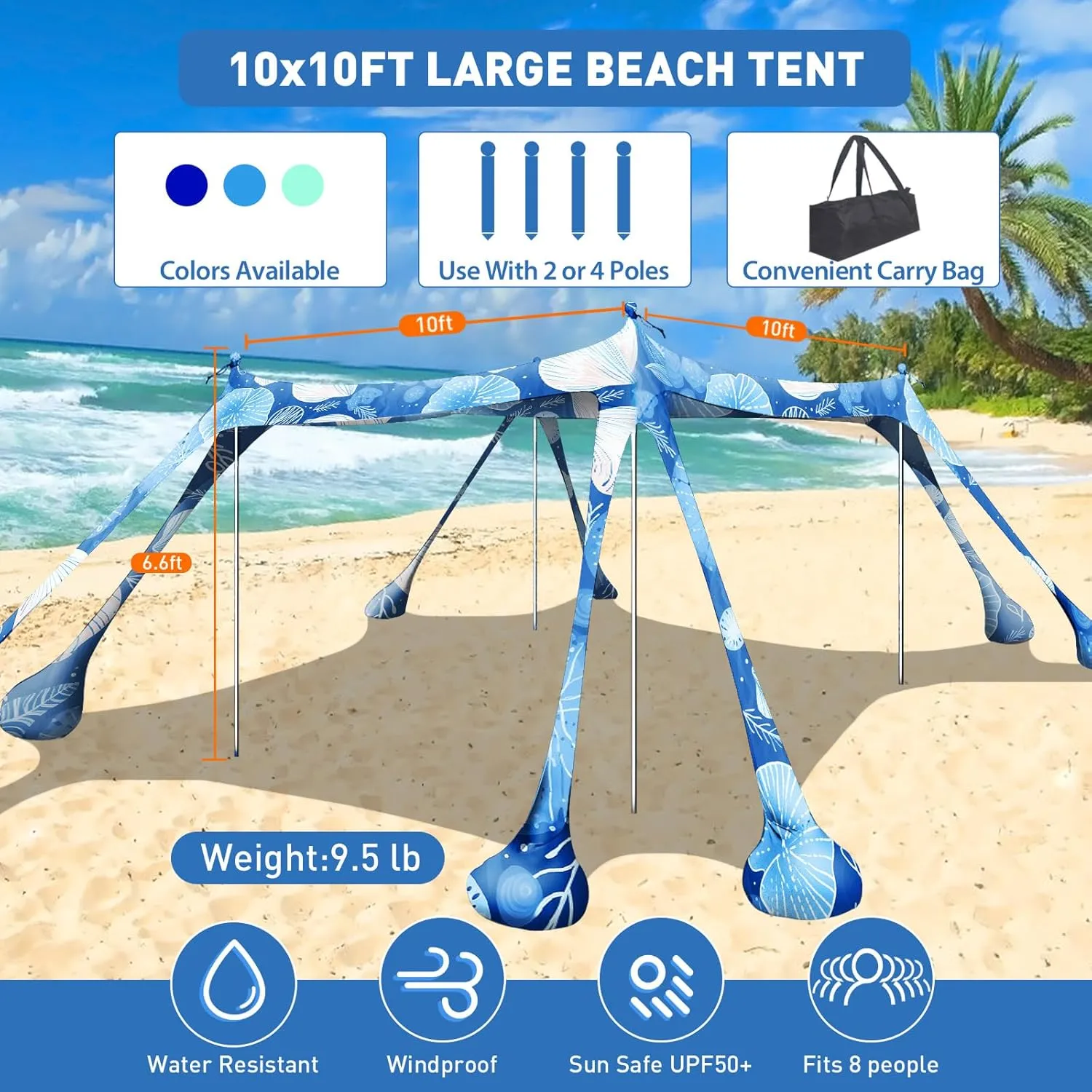 Beach Tent Canopy Pop Up Shade 10x10ft Sun Shelter Portable Family UPF50  with 8 Sandbags-2 Sand Shovel-4 Aluminum Poles-Ground Pegs-Carrying Bag for Outdoor Camping Fishing Backyard Picnic
