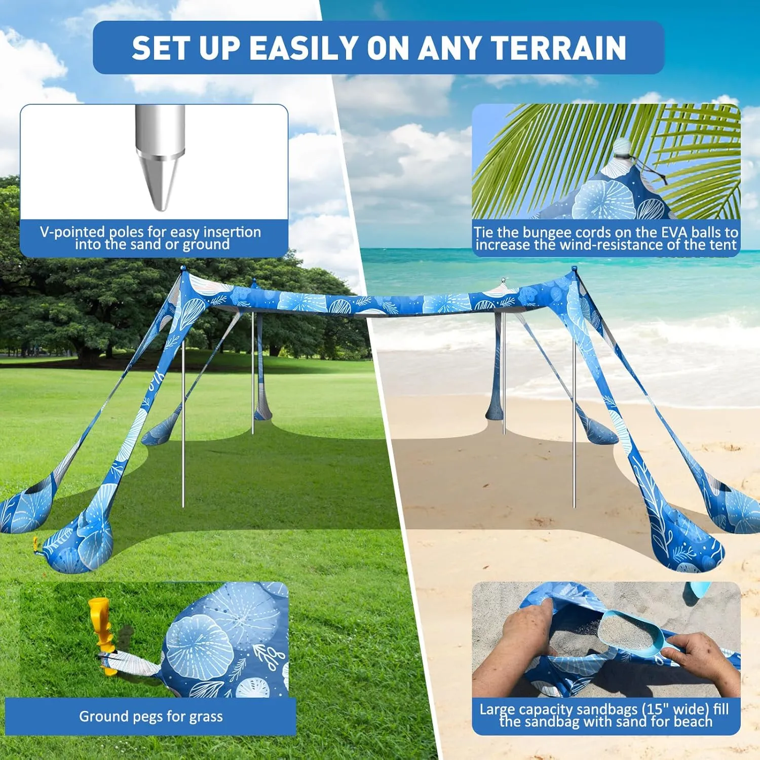 Beach Tent Canopy Pop Up Shade 10x10ft Sun Shelter Portable Family UPF50  with 8 Sandbags-2 Sand Shovel-4 Aluminum Poles-Ground Pegs-Carrying Bag for Outdoor Camping Fishing Backyard Picnic