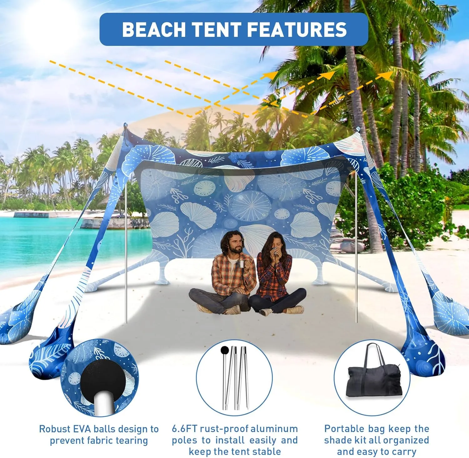 Beach Tent Canopy Pop Up Shade 10x10ft Sun Shelter Portable Family UPF50  with 8 Sandbags-2 Sand Shovel-4 Aluminum Poles-Ground Pegs-Carrying Bag for Outdoor Camping Fishing Backyard Picnic