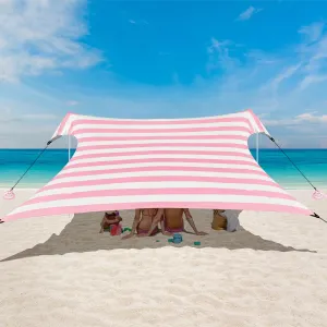 Beach Tent Canopy, UPF 50  UV Protection Beach Sun Shade, Portable 10×10 FT Large Pop-Up Tent Sun Shelter with Sand Anchors, Ground Pegs, Easy Setup for Camping, Park, and Backyard Fun-Pink Stripe