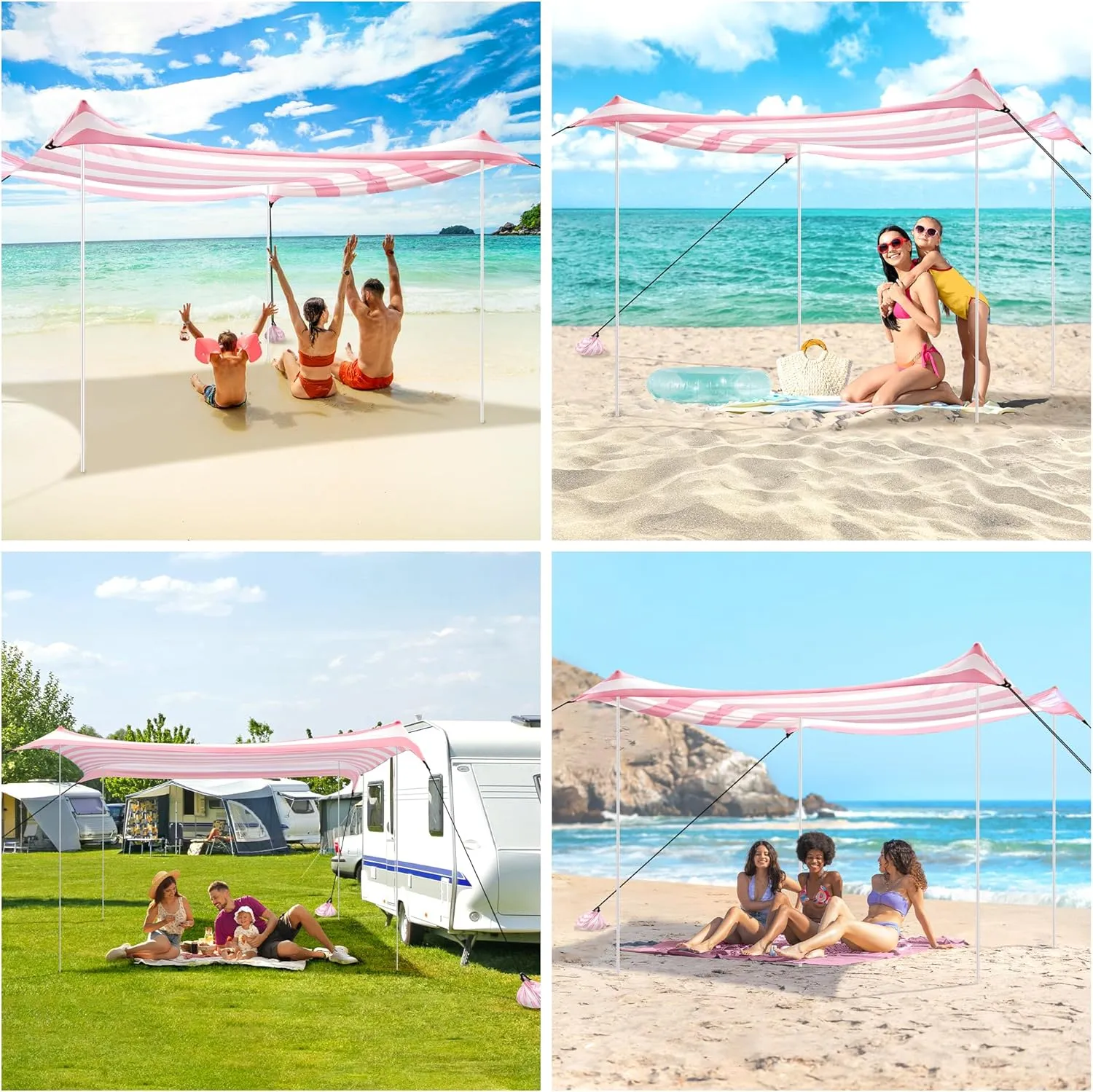 Beach Tent Canopy, UPF 50  UV Protection Beach Sun Shade, Portable 10×10 FT Large Pop-Up Tent Sun Shelter with Sand Anchors, Ground Pegs, Easy Setup for Camping, Park, and Backyard Fun-Pink Stripe