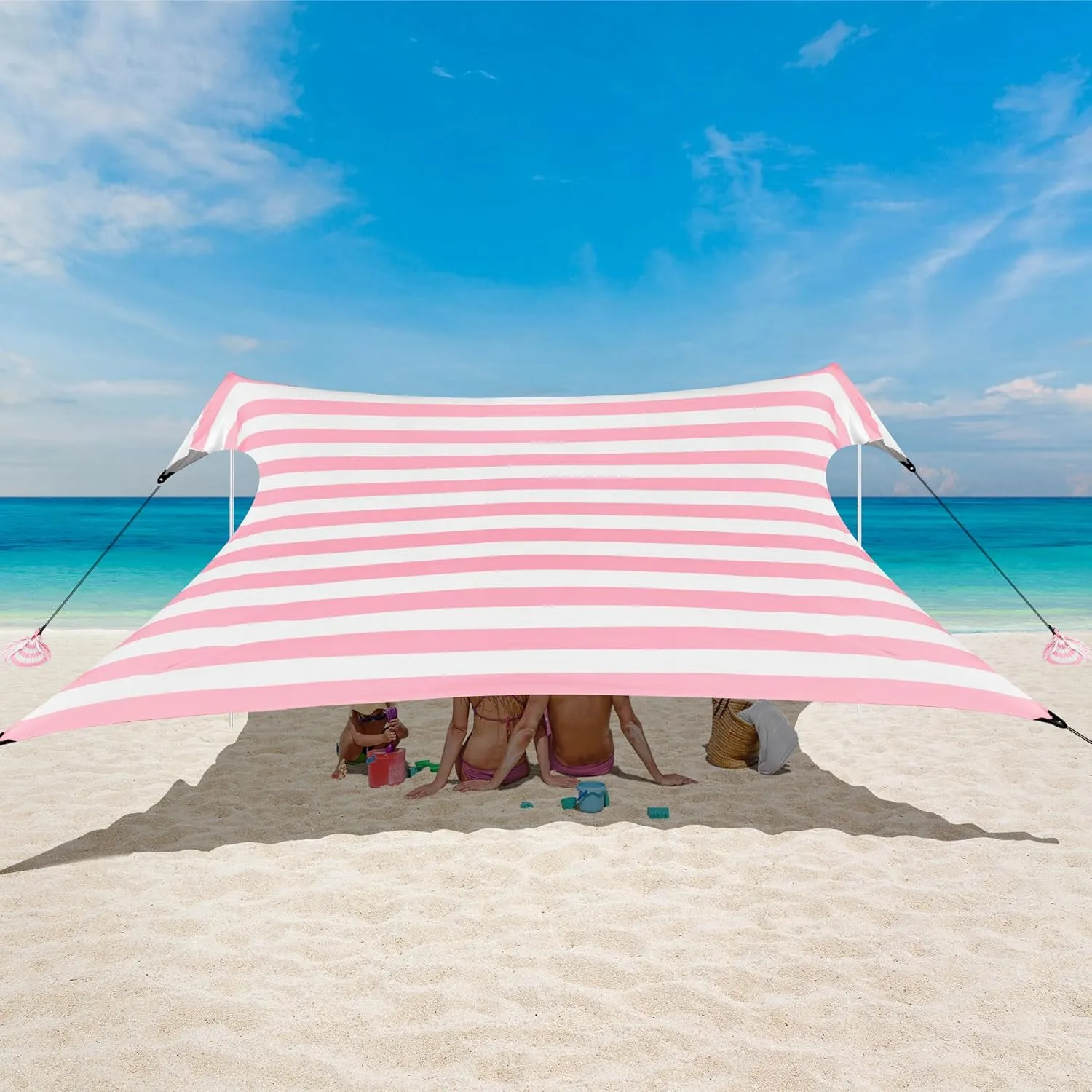 Beach Tent Canopy, UPF 50  UV Protection Beach Sun Shade, Portable 10×10 FT Large Pop-Up Tent Sun Shelter with Sand Anchors, Ground Pegs, Easy Setup for Camping, Park, and Backyard Fun-Pink Stripe