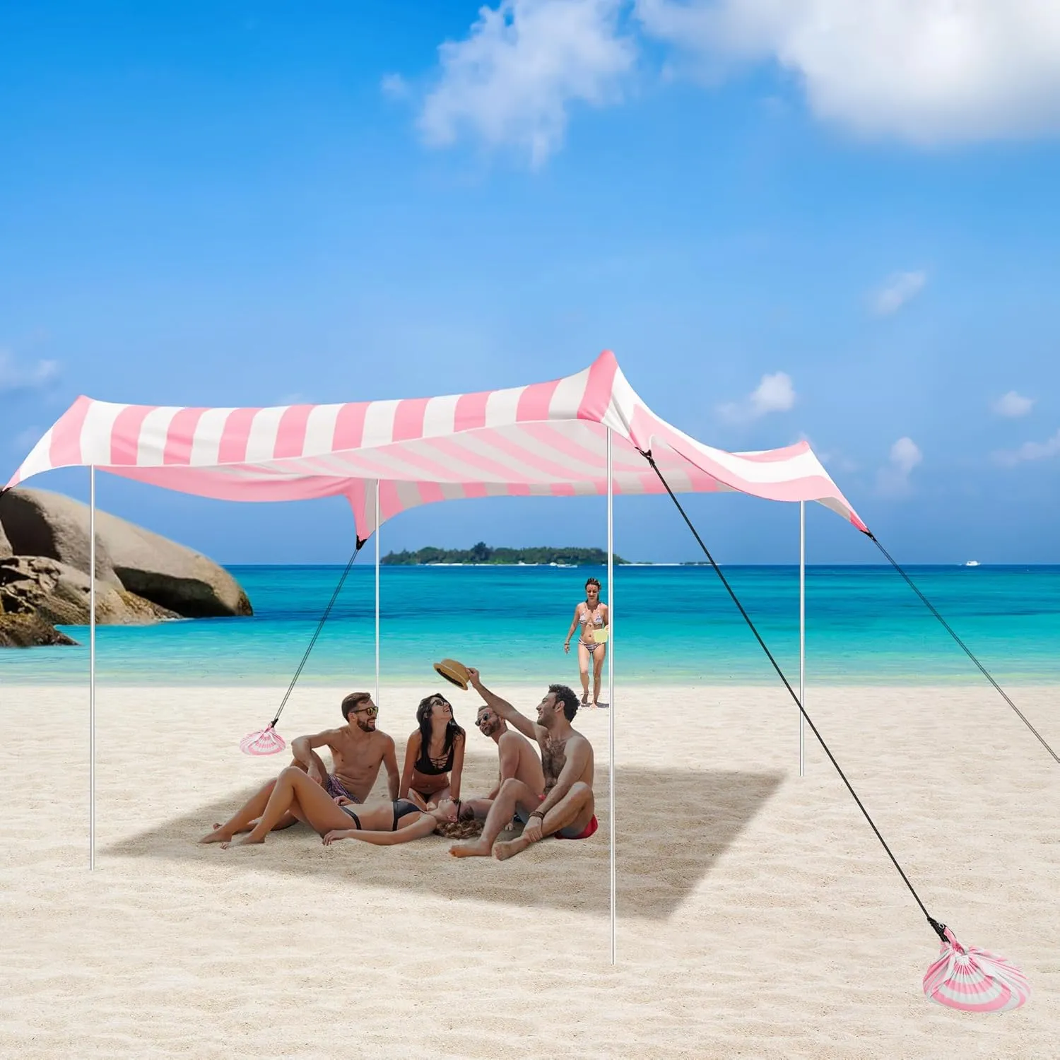Beach Tent Canopy, UPF 50  UV Protection Beach Sun Shade, Portable 10×10 FT Large Pop-Up Tent Sun Shelter with Sand Anchors, Ground Pegs, Easy Setup for Camping, Park, and Backyard Fun-Pink Stripe