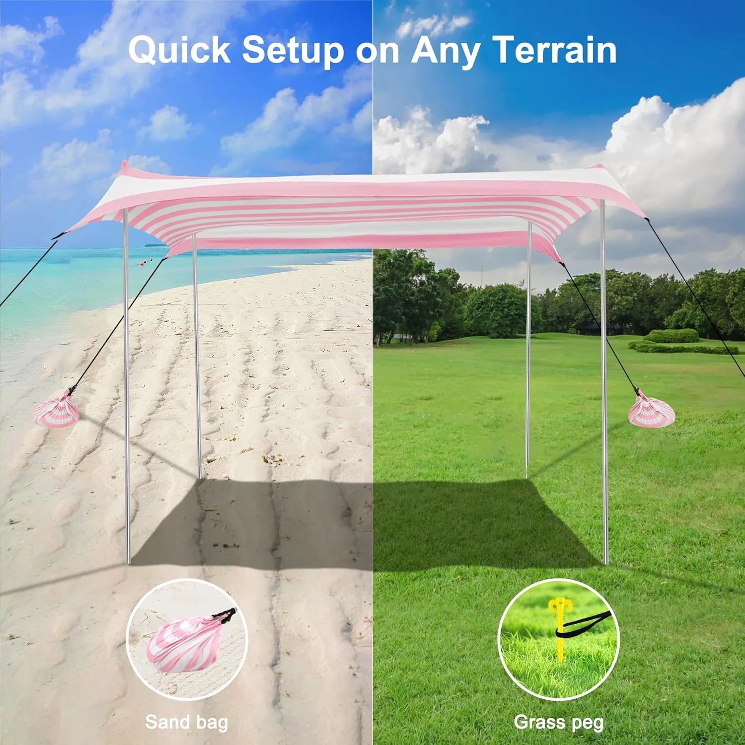 Beach Tent Canopy, UPF 50  UV Protection Beach Sun Shade, Portable 10×10 FT Large Pop-Up Tent Sun Shelter with Sand Anchors, Ground Pegs, Easy Setup for Camping, Park, and Backyard Fun-Pink Stripe
