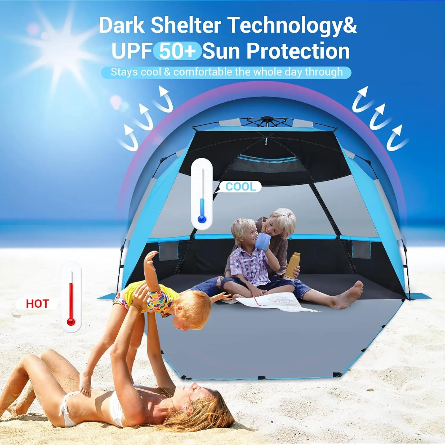 Beach Tent, Deluxe XL Pop-up Beach Tent for 4-6 Person, UPF 50  with Dark Shelter Technology, Easy Set Up and Portable Beach Tent Sun Shelter