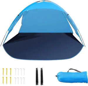 Beach Tent for 3-4 People, UPF50  Sun Shelter with Breathable 3-Zipper Door Design, 8.0mm Reinforced Fiberglass Poles, Portable Shade Canopy for Beach & Camping (Blue)