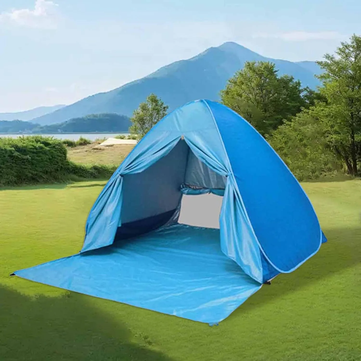 Beach Tent Pop Up Shade with Storage Bag, Portable Outdoor Tent for Camping, Foldable Beach Tent for Babies and Toddlers, Backyard Party, Beach, Park, Fishing, Hiking (Blue Tent with Curtain)