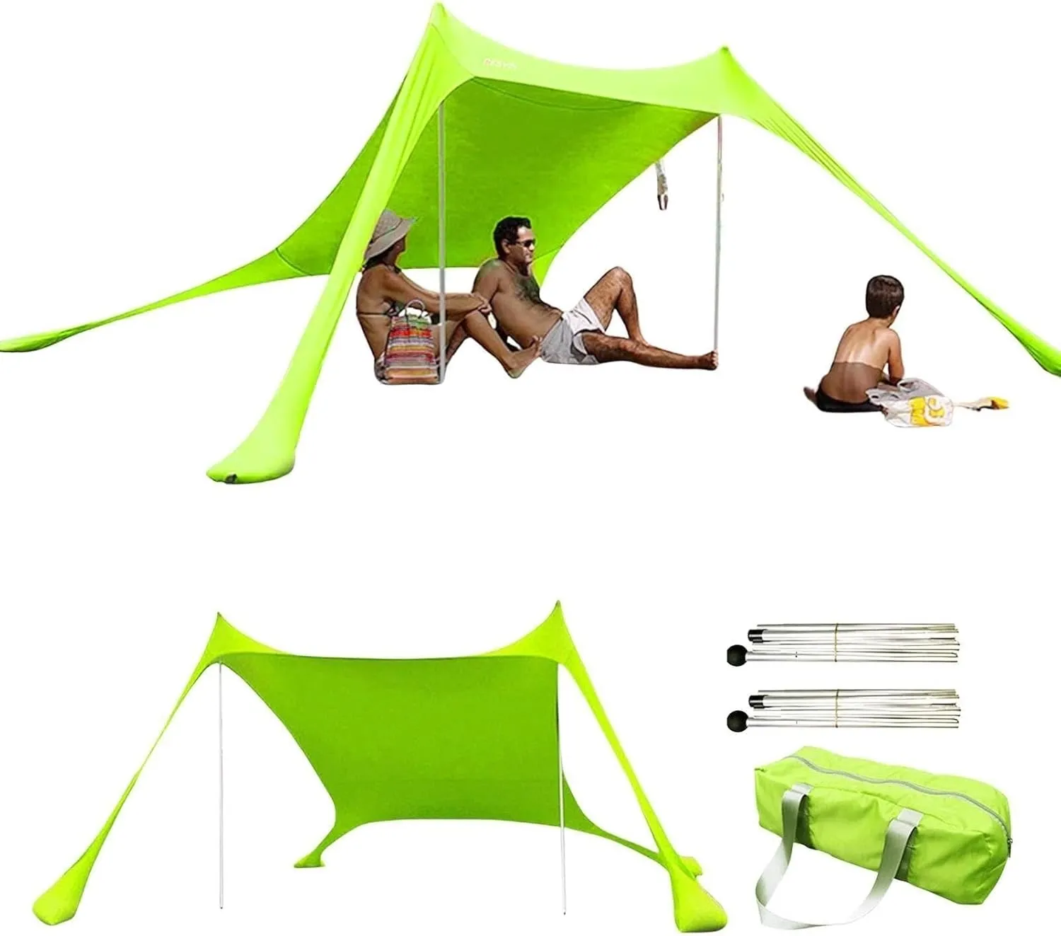 Beach Tent, Sun Protection Awning, Beach Shelter, Portable Sun Canopy Shade Tent, Outdoor UV Resistant Patio Beach Tent with Carrying Travel Bag(Green,210x170x150cm)