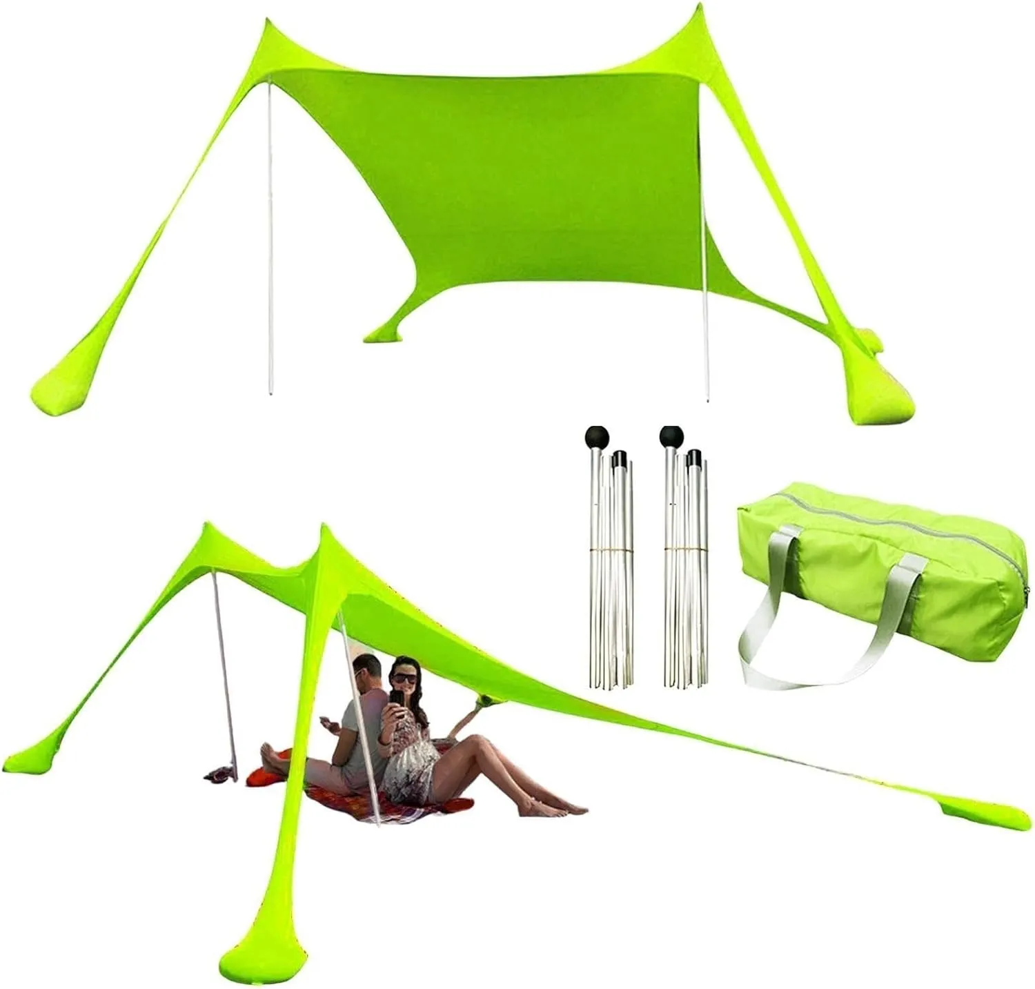 Beach Tent, Sun Protection Awning, Beach Shelter, Portable Sun Canopy Shade Tent, Outdoor UV Resistant Patio Beach Tent with Carrying Travel Bag(Green,210x170x150cm)