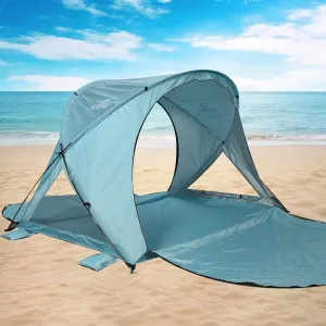 Beach Tent Sun Shelter, Beach Tent with Beach Mat Set, 3-4 Person Portable Beach Shade Canopy with UPF 50＋ UV Protection, Dual-Door Ventilation Design, Easy Setup Family Beach Umbrella (Blue)