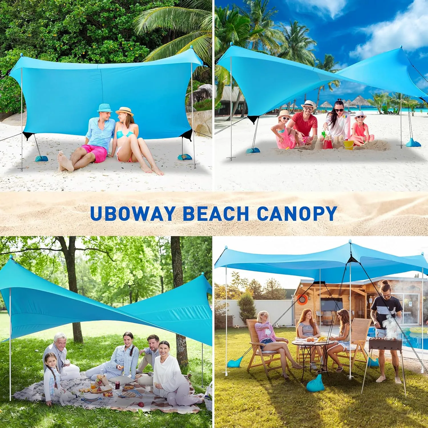 Beach Tent UPF50  With 8 Sandbags, Camping Essentials for 6-12 Persons, Shade Canopy With Stability Poles and Big Ground Pegs, Pop Up Canopy for Picnics, 12X12FT Blue