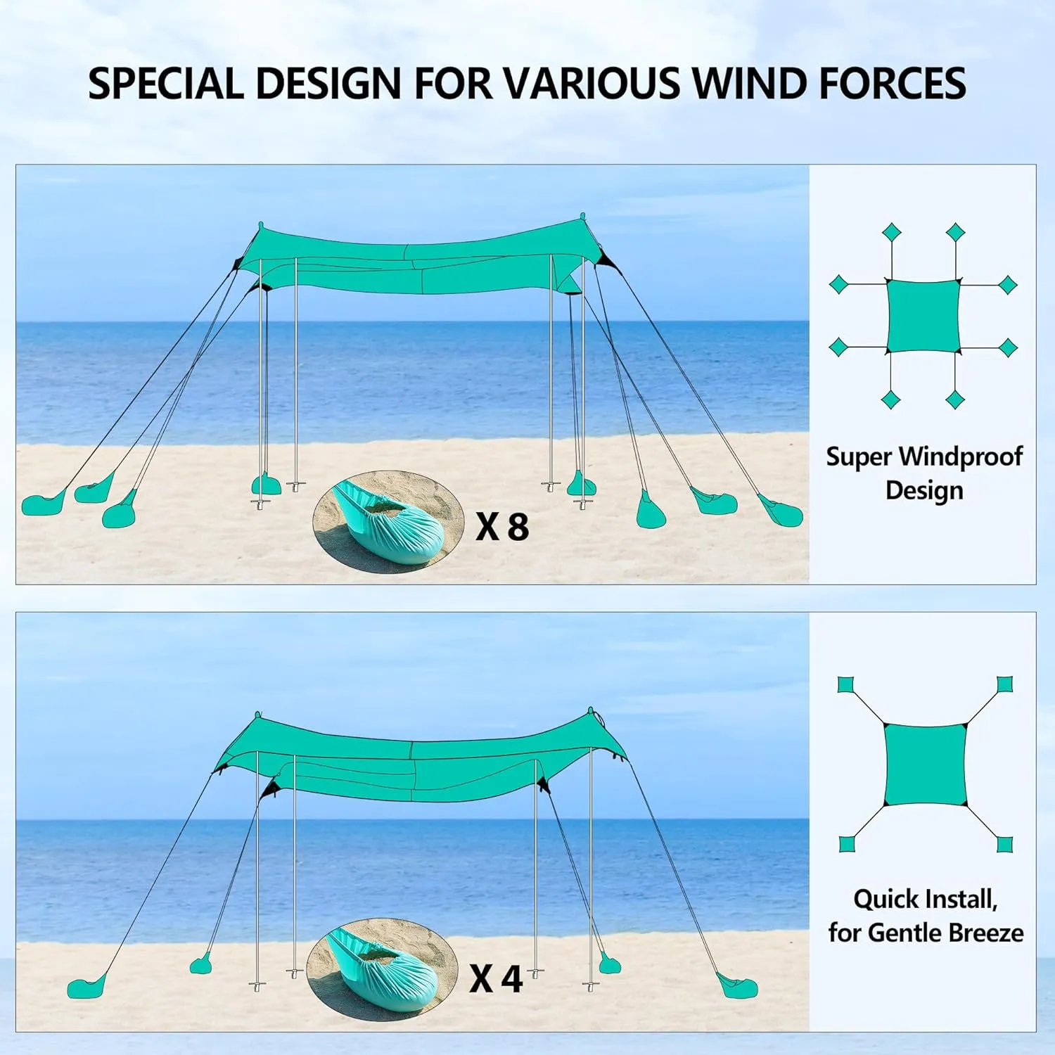 Beach Tent UPF50  With 8 Sandbags, Camping Essentials for 6-12 Persons, Shade Canopy With Stability Poles and Big Ground Pegs, Pop Up Canopy for Picnics, 12X12FT Blue