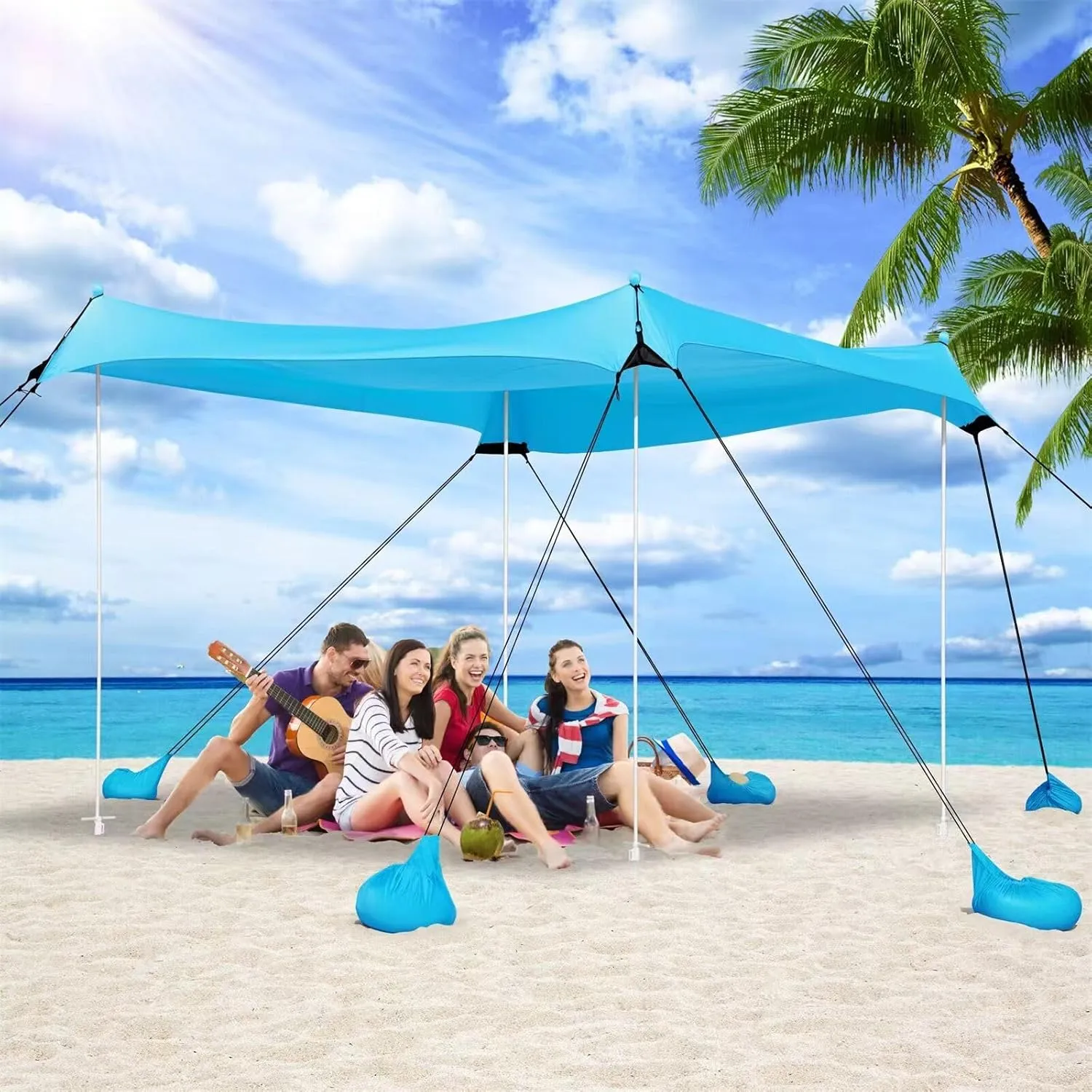 Beach Tent UPF50  With 8 Sandbags, Camping Essentials for 6-12 Persons, Shade Canopy With Stability Poles and Big Ground Pegs, Pop Up Canopy for Picnics, 12X12FT Blue