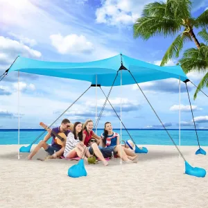 Beach Tent UPF50  With 8 Sandbags, Camping Essentials for 6-12 Persons, Shade Canopy With Stability Poles and Big Ground Pegs, Pop Up Canopy for Picnics, 12X12FT Blue