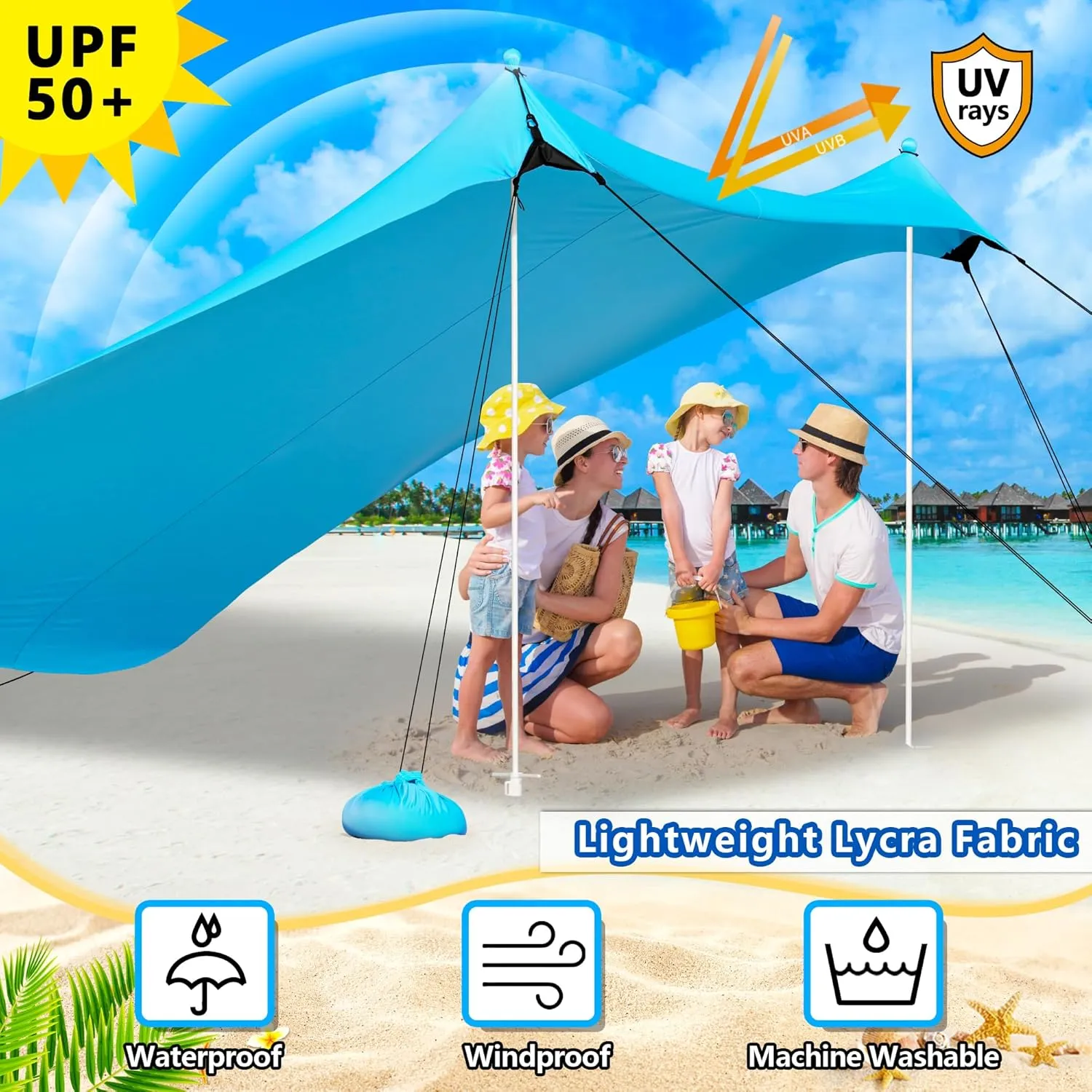Beach Tent UPF50  With 8 Sandbags, Camping Essentials for 6-12 Persons, Shade Canopy With Stability Poles and Big Ground Pegs, Pop Up Canopy for Picnics, 12X12FT Blue
