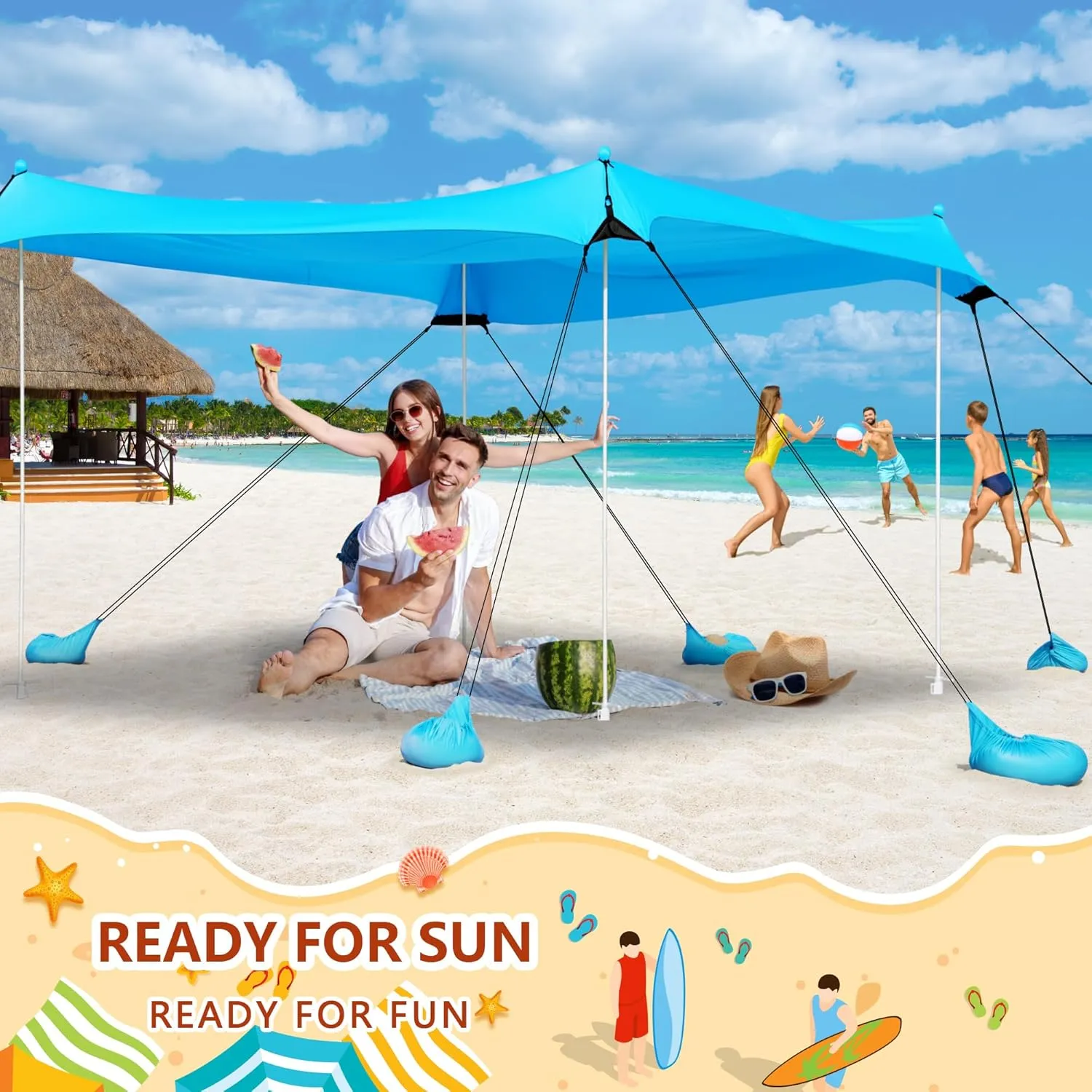 Beach Tent UPF50  With 8 Sandbags, Camping Essentials for 6-12 Persons, Shade Canopy With Stability Poles and Big Ground Pegs, Pop Up Canopy for Picnics, 12X12FT Blue