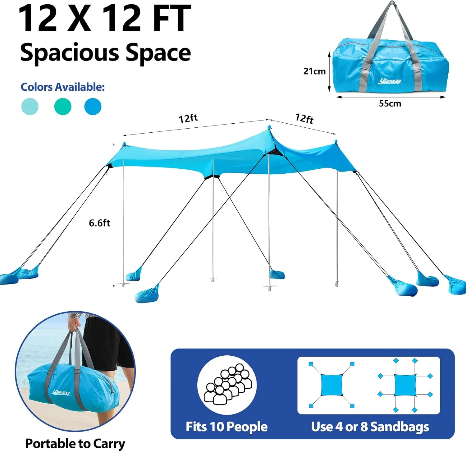Beach Tent UPF50  With 8 Sandbags, Camping Essentials for 6-12 Persons, Shade Canopy With Stability Poles and Big Ground Pegs, Pop Up Canopy for Picnics, 12X12FT Blue