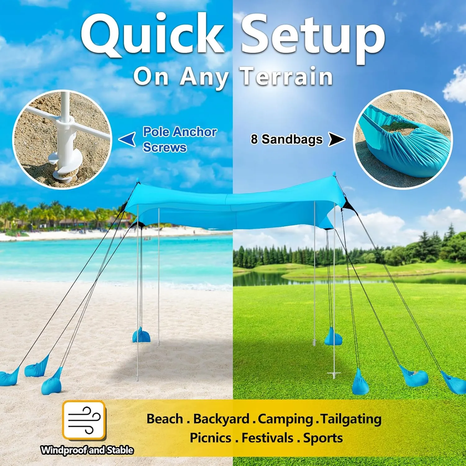 Beach Tent UPF50  With 8 Sandbags, Camping Essentials for 6-12 Persons, Shade Canopy With Stability Poles and Big Ground Pegs, Pop Up Canopy for Picnics, 12X12FT Blue