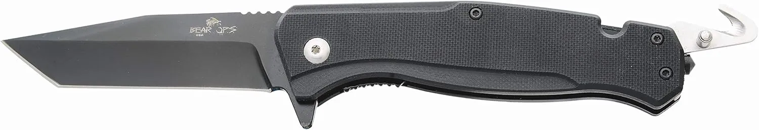 Bear Swipe IV Rescue Knife, 3-1/4-inch Blade, 14C28N Sandvik Stainless Steel, Black G10 Handle, Assisted Opening with Seat Belt Cutter and Glass Breaker (A-500-B4-B)