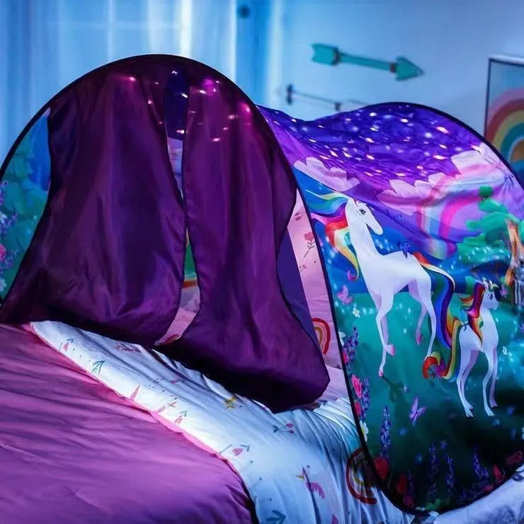 Bed Tents Fantasy Fun Foldable Play Pop up Outdoor Indoor Twin Size,Magic Playhouse Princess Secret Castle,Birthday for Girls Kids Baby (Horse with Remote Light)
