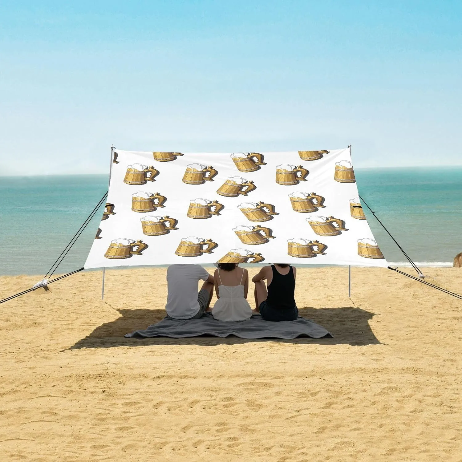 Beer Mug Pattern Clip Art Beach Canopy Tent Anti-UV & Wind Resistant, Camping Sun Shelter Easy Setup Portable,Outdoor Shade Tents with Sandbags,Sand Shovels,Ground Pegs & Stability Poles