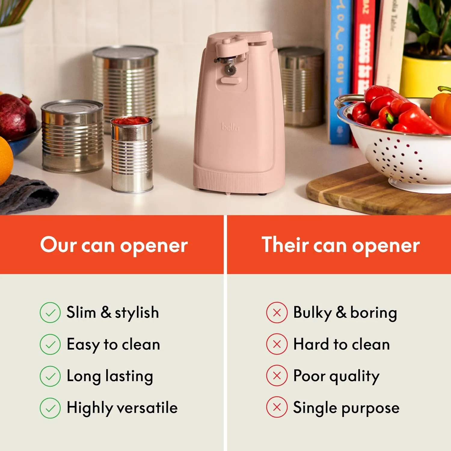bella Electric Can Opener and Knife Sharpener, Multifunctional Jar and Bottle Opener with Removable Cutting Lever and Cord Storage, Stainless Steel Blade, Blossom
