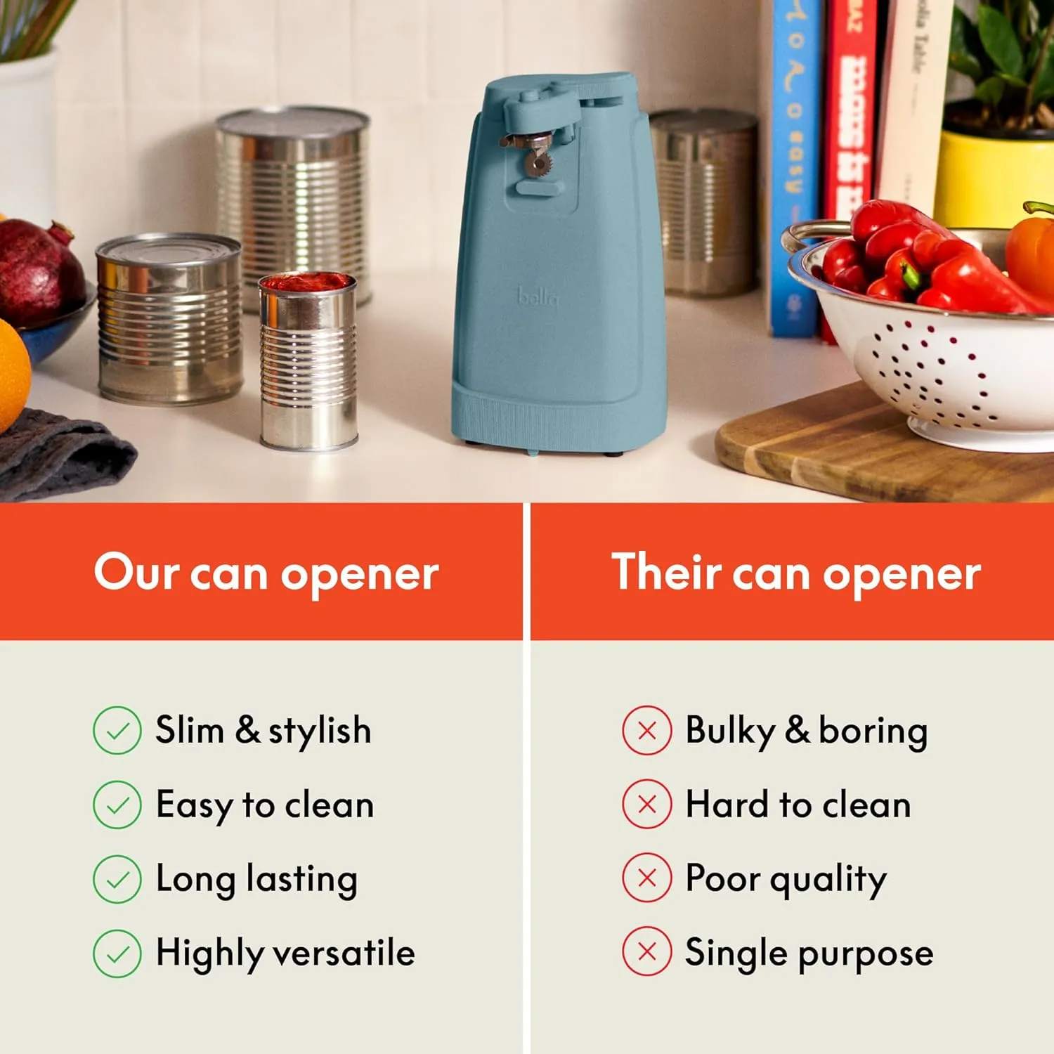 bella Electric Can Opener and Knife Sharpener, Multifunctional Jar and Bottle Opener with Removable Cutting Lever and Cord Storage, Stainless Steel Blade, Surf