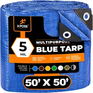 Better Blue Poly Tarp 50' x 50' - Multipurpose Protective Cover - Lightweight, Durable, Waterproof, Weather Proof - 5 Mil Thick Polyethylene - by Xpose Safety
