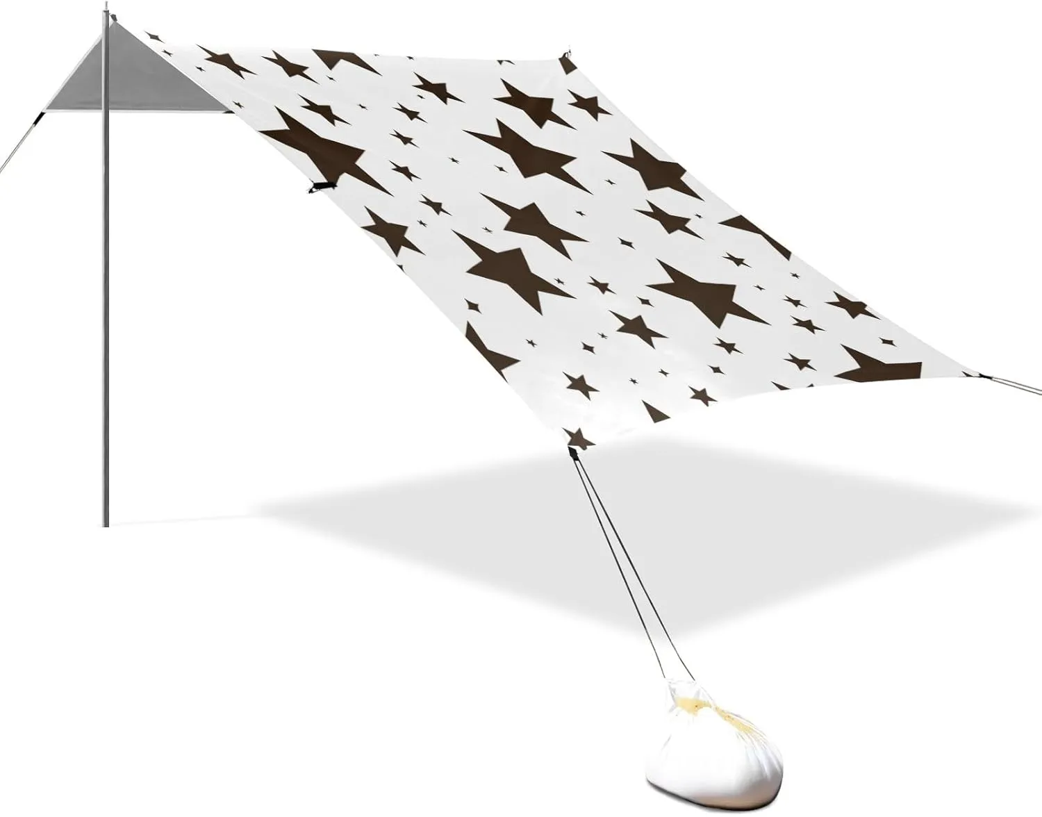 Black and White Illustration Design Stars Brown Designed UPF50 Foldable Beach Cabana Waterproof Shade Sun Shelter Includes Sand Shovel, Sandbags, Stability Poles for Camping, Picnics, Backyard