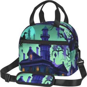 Black Haunted Mansion Print Lunch Bag Tote Reusable Lunch Box Container with Shoulder Strap Work Picnic Adult