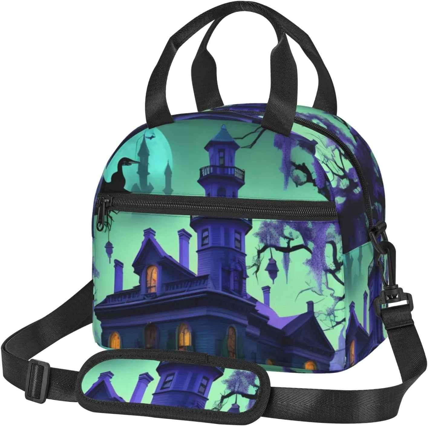 Black Haunted Mansion Print Lunch Bag Tote Reusable Lunch Box Container with Shoulder Strap Work Picnic Adult