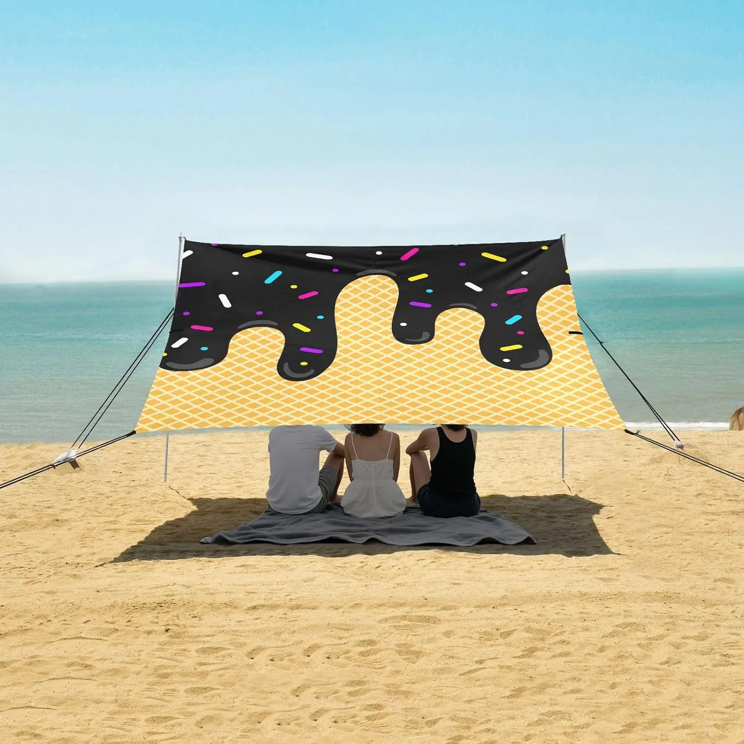 Black Ice Cream Beach Camping Tent Sun Shelter for Whole Family, Beach Shade Canopy with UPF50  UV Protection,Easy Set Up and Carry,Outdoor Shade for Trips, Fishing, Backyard Fun Picnics