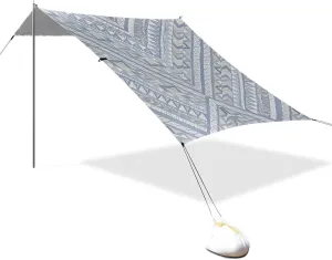 Boho Blue Gray Irregular Stripes Designed UPF50 Foldable Beach Canopy Water-Resistant Sun Shade with Sandbags & Sand Shovel for Camping Trips, Fishing, Backyard Fun or Picnics paraguas de