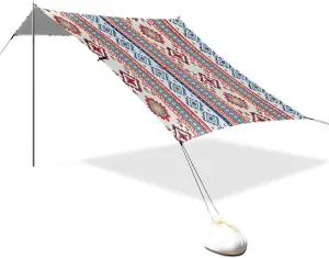 Boho Red and Blue Vintage Texture Designed UPF50  Beach Canopy Waterproof Shade Sun Shelter with Sandbags and Shovel for Family Travel Beach Parasol