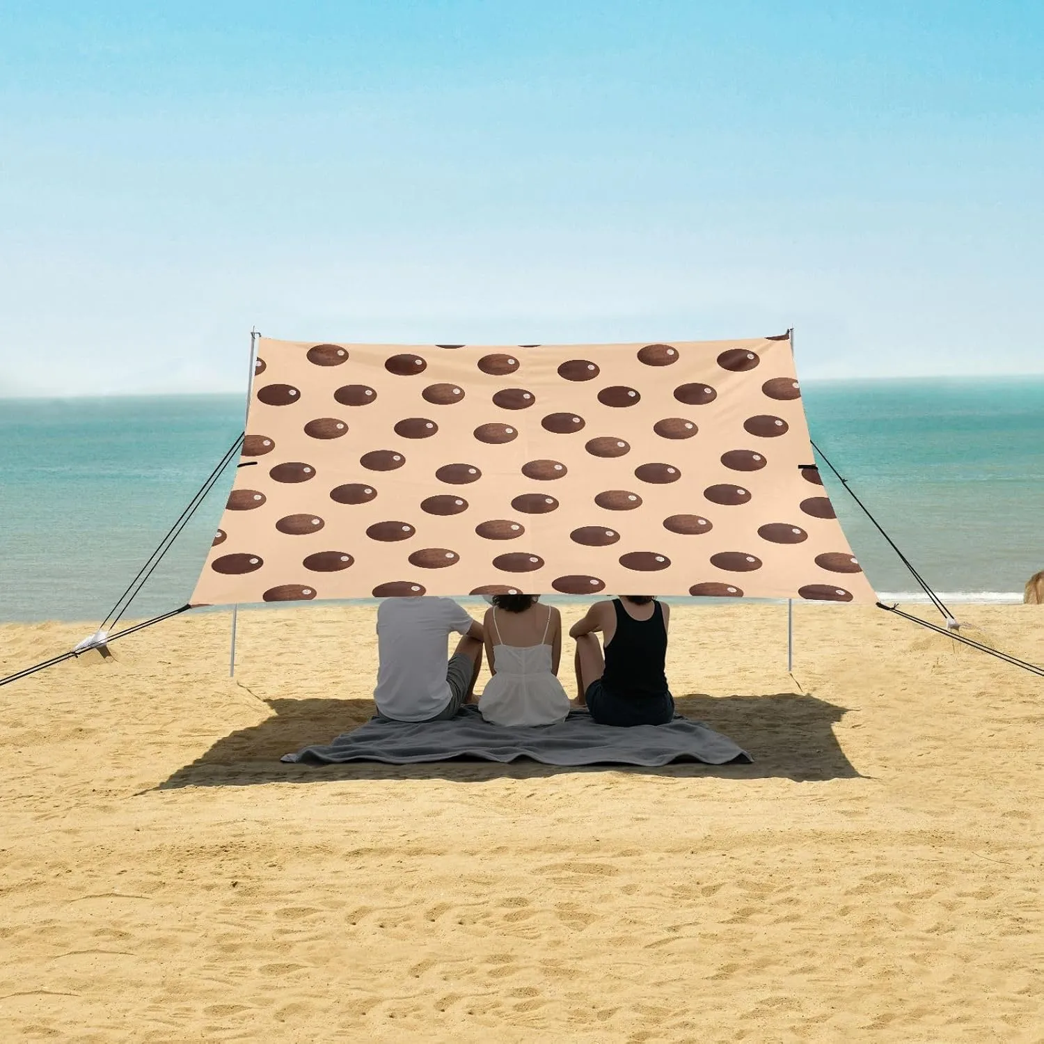 Bubble Milk Tea Texture Beach Canopy Tent Anti-UV & Wind Resistant, Camping Sun Shelter Easy Setup Portable,Outdoor Shade Tents with Sandbags,Sand Shovels,Ground Pegs & Stability Poles