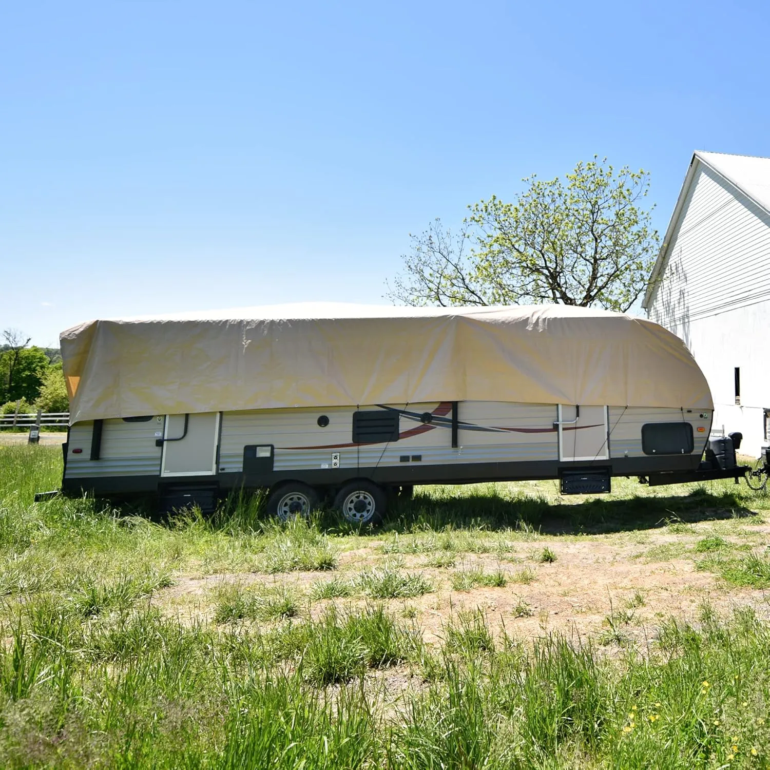Budge RV Rooftop Cover Fits Multiple RV Classes up to 50' Long (Tan, Polyester), 20' Long x 16' Wide