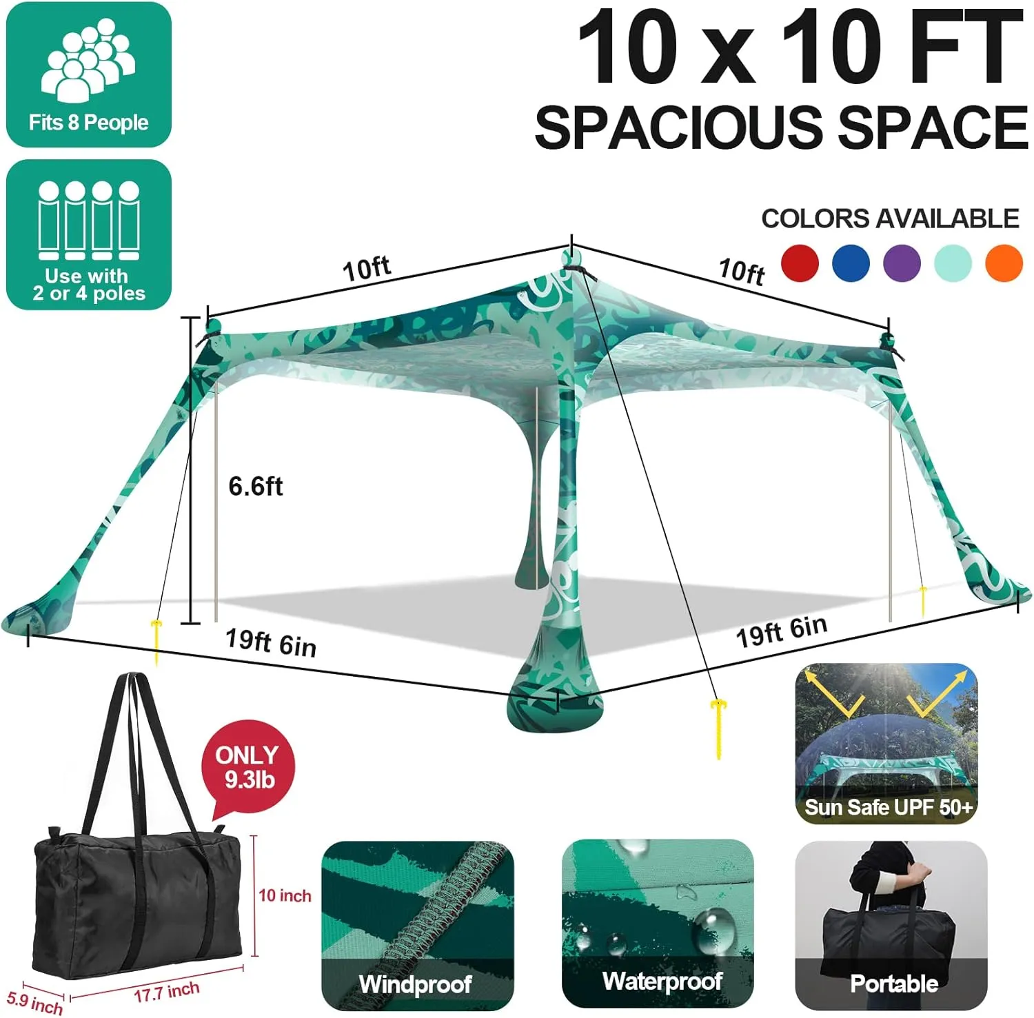 Buheco Beach Tent Pop Up Shade 10x10ft Beach Canopy Sun Shelter UPF50  with 4 Foldable Poles-Portable Carrying Bag-Sand Shovel-Ground Pegs-Windproof Ropes for Outdoor Family Camping-Fishing- Picnic