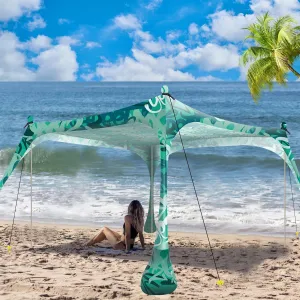 Buheco Beach Tent Pop Up Shade 10x10ft Beach Canopy Sun Shelter UPF50  with 4 Foldable Poles-Portable Carrying Bag-Sand Shovel-Ground Pegs-Windproof Ropes for Outdoor Family Camping-Fishing- Picnic