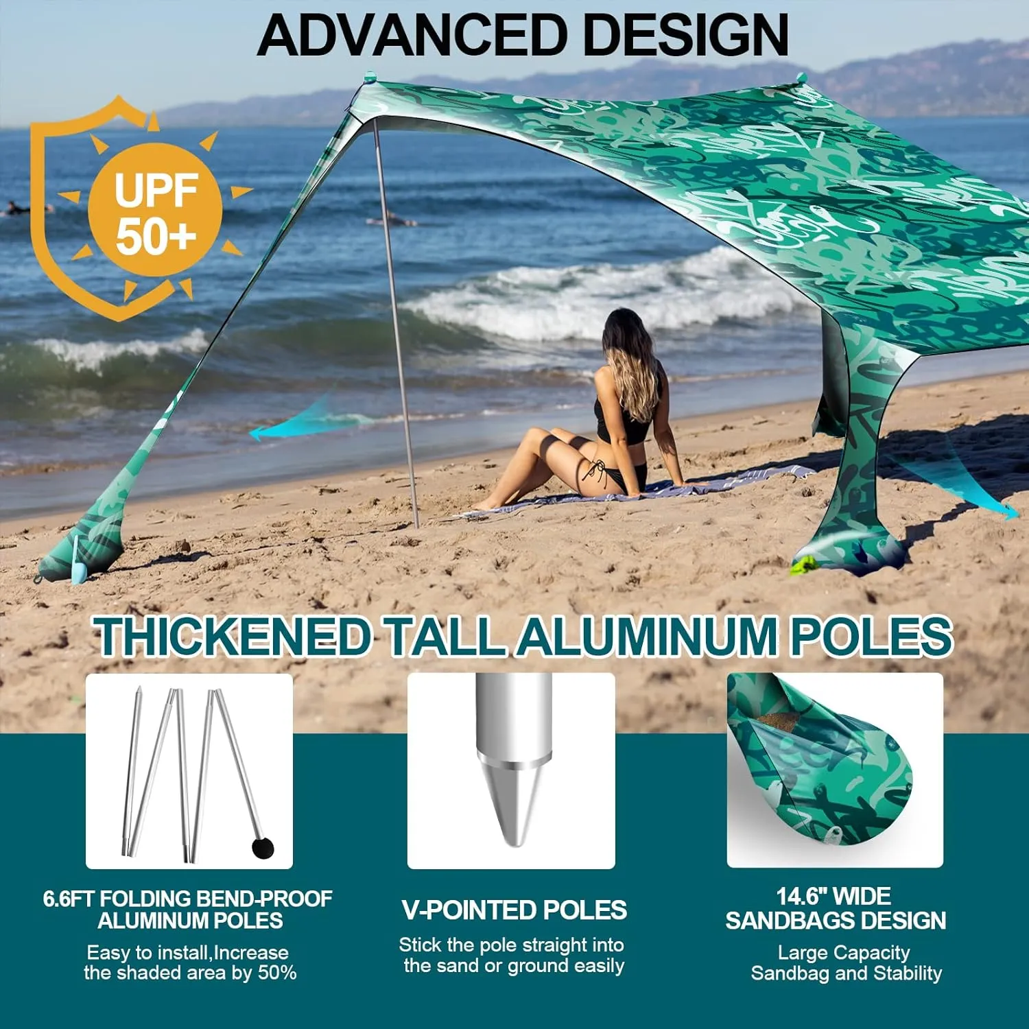 Buheco Beach Tent Pop Up Shade 10x10ft Beach Canopy Sun Shelter UPF50  with 4 Foldable Poles-Portable Carrying Bag-Sand Shovel-Ground Pegs-Windproof Ropes for Outdoor Family Camping-Fishing- Picnic