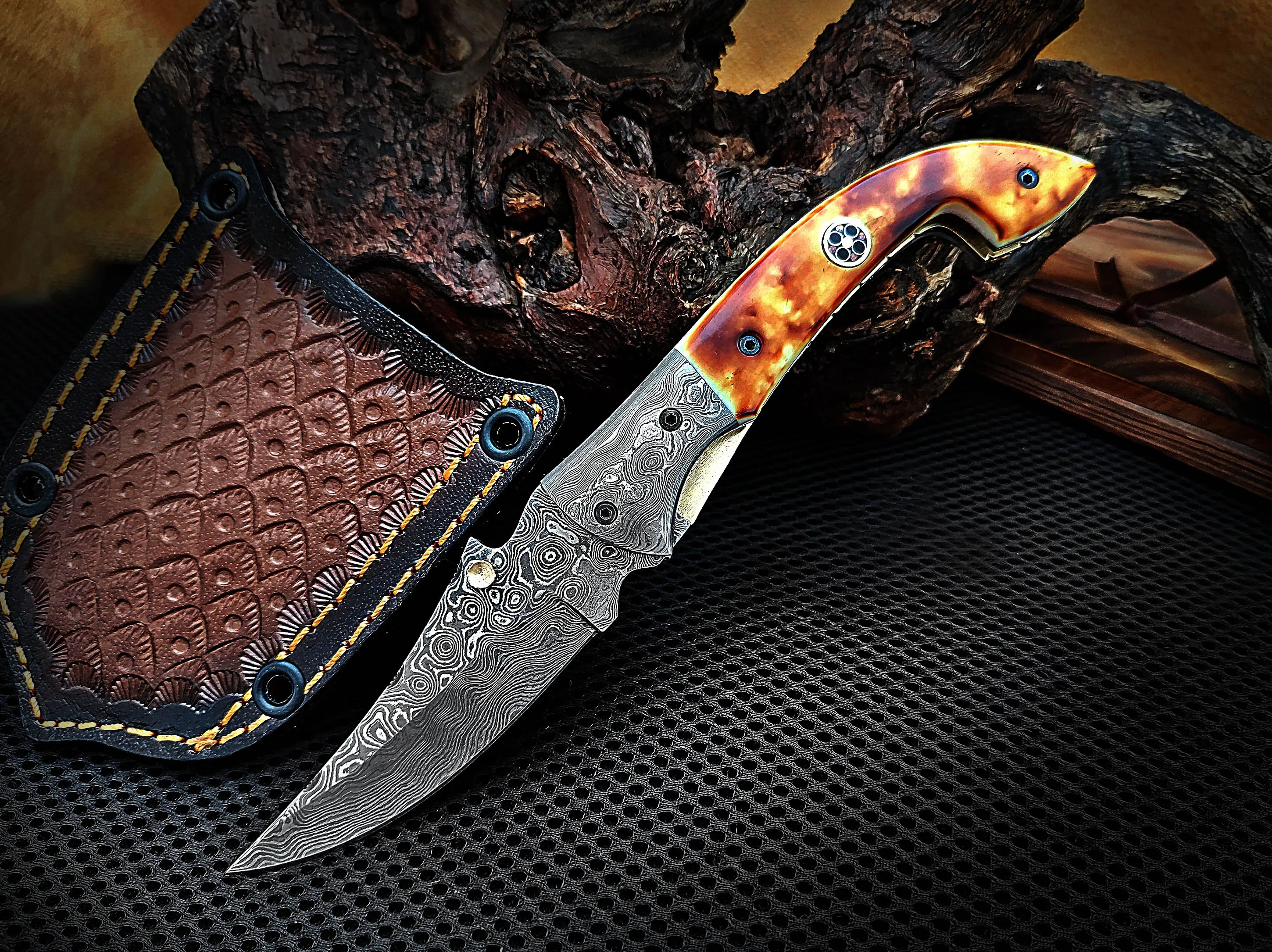 Burnt Camel Bone Folding Pocket Knife with Damascus Bolster Drop Point Mosaic Pin Custom Handcrafted Damascus Steel 7.75 inches with Leather Sheath CLKFOL1119