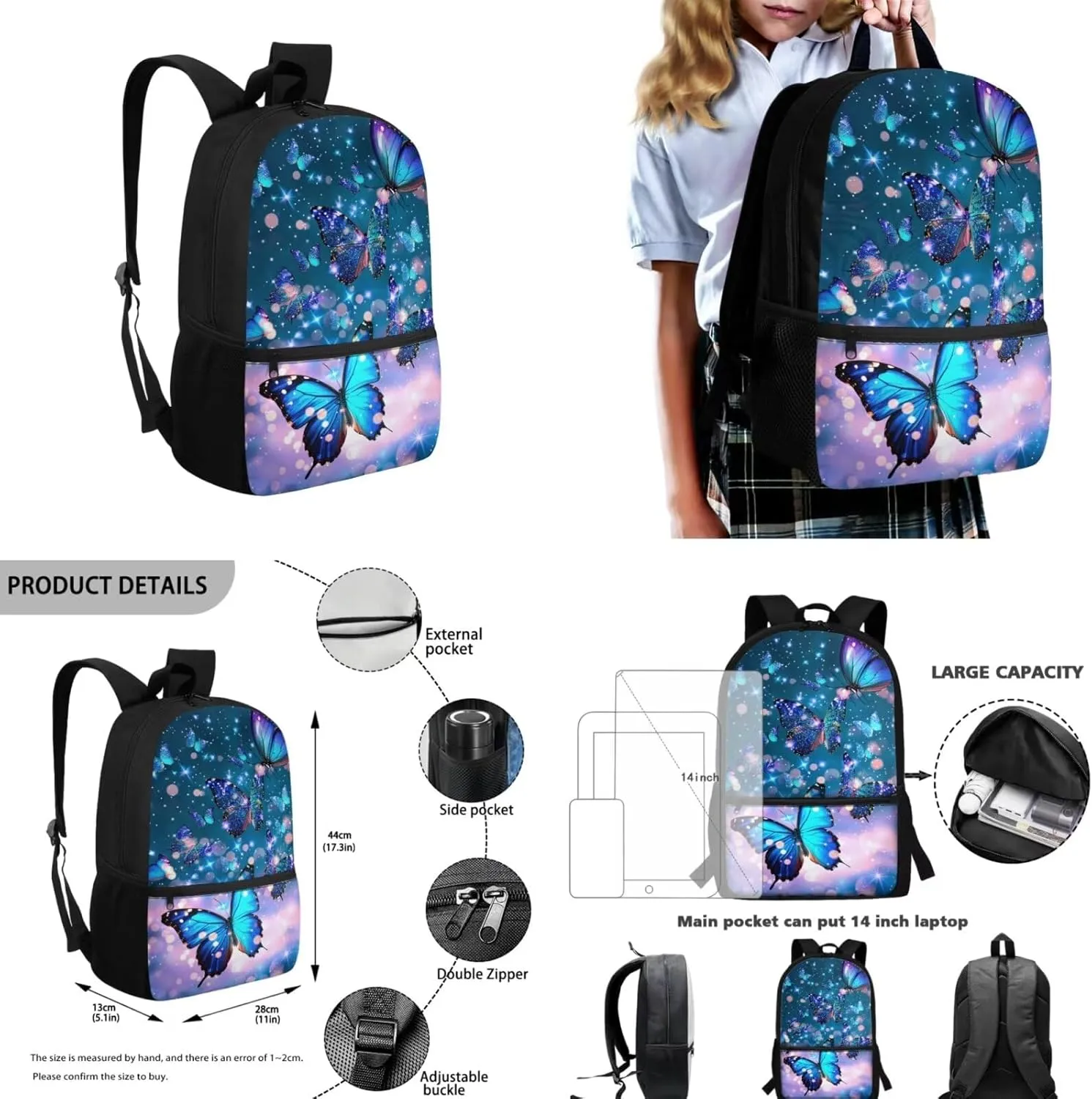 Butterfly Backpack for Girls Kids Backpack with Lunch Box Water Bottle Carrier with Strap and Aesthetic Pencil Case 4PCS Set Bookbag with Front Pocket for School Teens 17 inch Large School Bag