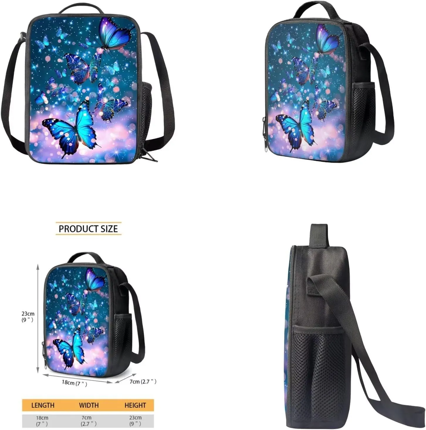 Butterfly Backpack for Girls Kids Backpack with Lunch Box Water Bottle Carrier with Strap and Aesthetic Pencil Case 4PCS Set Bookbag with Front Pocket for School Teens 17 inch Large School Bag