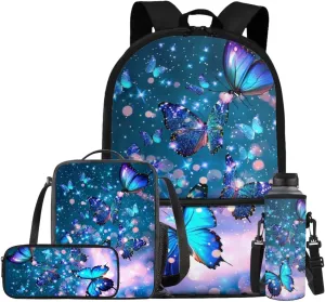Butterfly Backpack for Girls Kids Backpack with Lunch Box Water Bottle Carrier with Strap and Aesthetic Pencil Case 4PCS Set Bookbag with Front Pocket for School Teens 17 inch Large School Bag
