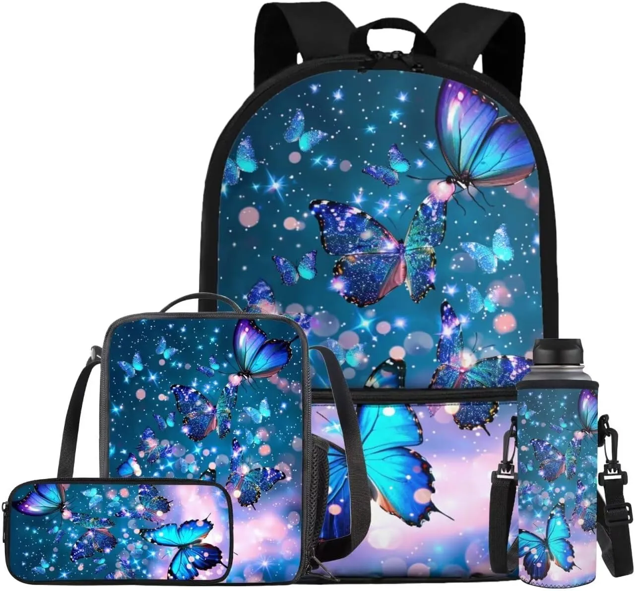 Butterfly Backpack for Girls Kids Backpack with Lunch Box Water Bottle Carrier with Strap and Aesthetic Pencil Case 4PCS Set Bookbag with Front Pocket for School Teens 17 inch Large School Bag