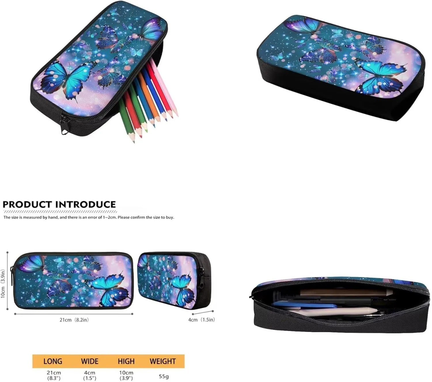 Butterfly Backpack for Girls Kids Backpack with Lunch Box Water Bottle Carrier with Strap and Aesthetic Pencil Case 4PCS Set Bookbag with Front Pocket for School Teens 17 inch Large School Bag