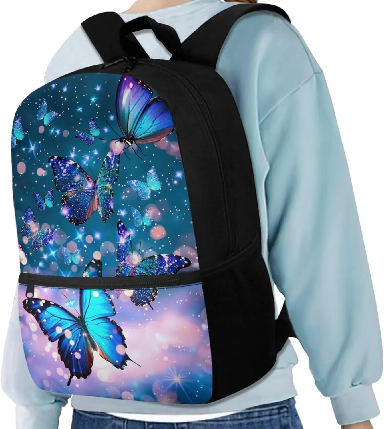 Butterfly Backpack for Girls Kids Backpack with Lunch Box Water Bottle Carrier with Strap and Aesthetic Pencil Case 4PCS Set Bookbag with Front Pocket for School Teens 17 inch Large School Bag