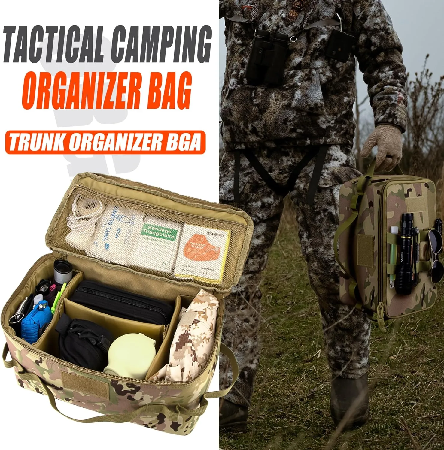 bvya Tactical Camping Storage Bag 11 Liters Outdoor Utility Tote Bag Camping Cookware Organizer Trunk Organizer with Flag Patch