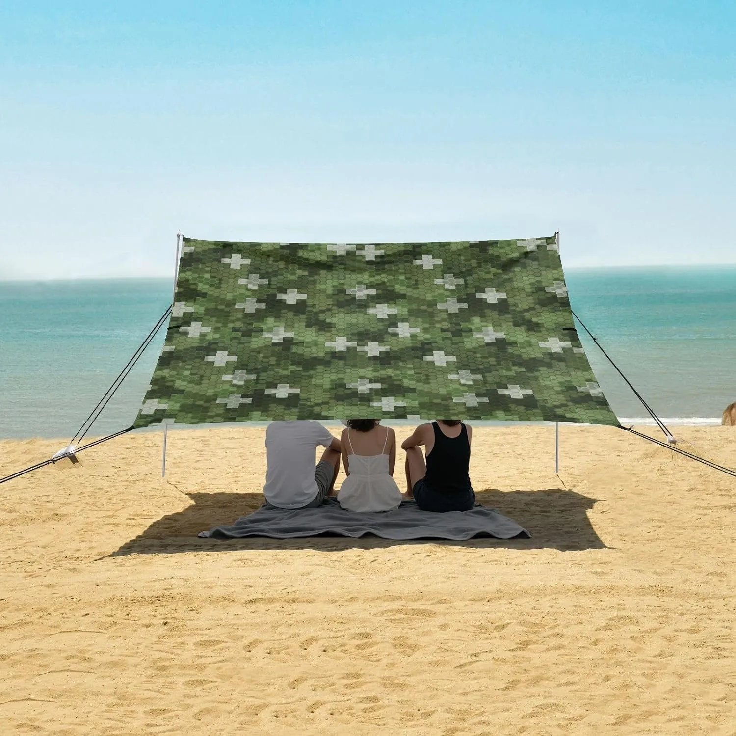 Camouflage Cross Pavement Beach Canopy Tent Anti-UV & Wind Resistant, Camping Sun Shelter Easy Setup Portable,Outdoor Shade Tents with Sandbags,Sand Shovels,Ground Pegs & Stability Poles
