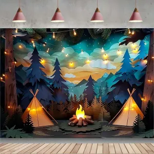 Campfire Tent Photo Shoot Backdrops Forest Scene Camping Backdrop Travel Adventure Birthday Party Decoration Birthday Party Decorations Banner Photo Props (9x6feet)