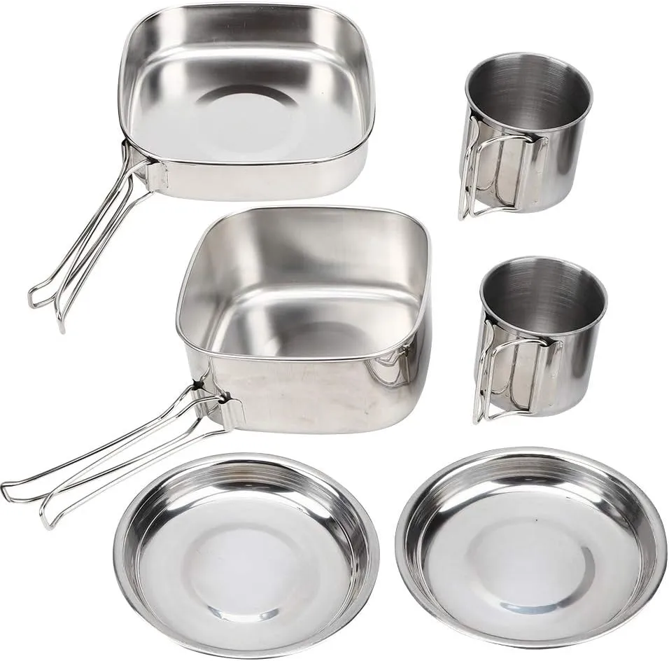 Camping Cookware Set Mess Kit, Backpacking Gear Cooking Equipment, 6Pcs Utensils Set Stainless Steel Portable Frying Pan Cups Pot Tableware for Picnic